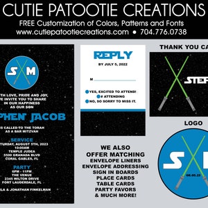 May include: A Star Wars themed Bar Mitzvah invitation with a blue and white logo featuring the initials "SM" and crossed lightsabers. The invitation includes the name "Stephen Jacob" and details about the service and party.
