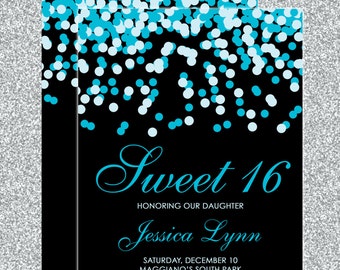 Teal Blue & Black Confetti Sweet 16 Birthday Invitations - Quinceanera Invitation - Guest and Return Addressing - Custom Colors Available