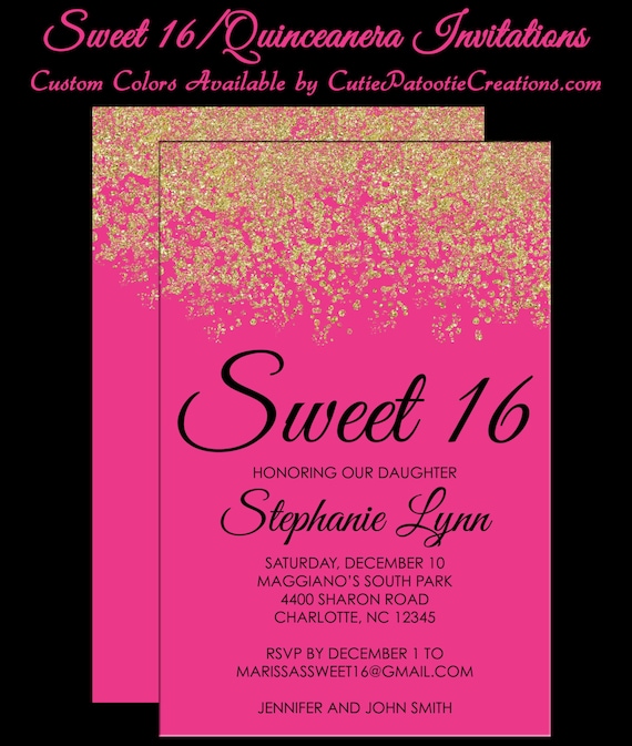 Sweet 16 Invitations - Quinceanera Invitation - Pink and Gold Sparkle Faux Glitter - Sweet Sixteen Guest & Return Addressing Available Il_570xn
