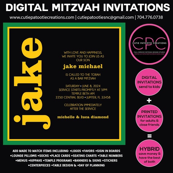 Green and Yellow Square Digital Square Bar Mitzvah Invitations - Add Printed Thank You Notes Il_570xn