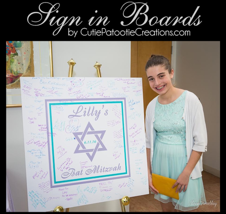 Bat Mitzvah Sign In Board, Bar Mitzvah Sign In Board, Sign in Pillow, Purple Confetti, Custom Colors Available image 3