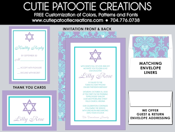 Bat Mitzvah Invitations - Lavender and Turquoise Bat Mitzvah Invitation - Add Matching RSVP, Thank You Card, Addressing Il_570xn