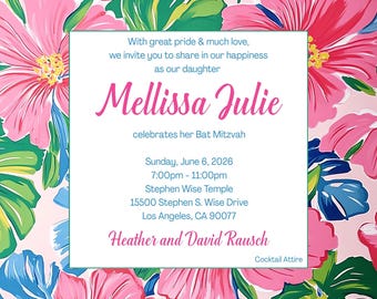 Floral Bat Mitzvah Invitation, Tropical Preppy Design (Digital)
