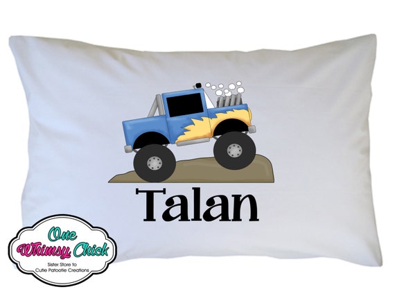 Personalized Monster Truck Pillow Case - Blue and Yellow Big Truck Pillowcase Il_570xn