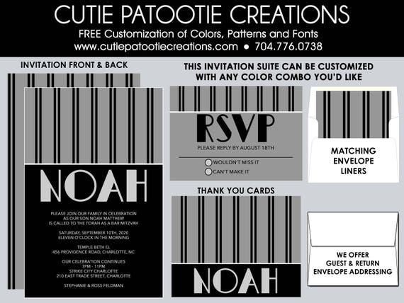 Bar Mitzvah Invitations, Bar Mitzvah Invitation, Envelope Addressing, Reply Card, Save the Date, Thank You Notes, Custom Colors Available Il_570xn