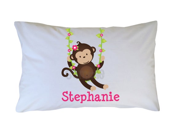 Personalized Mod Monkey Pillowcase - Pink and Green Swinging Monkey Pillow Case Il_570xn