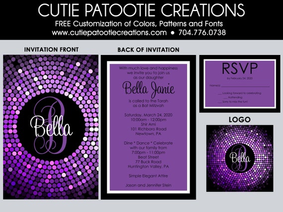 Bat Mitzvah Invitations - Purple, Black, White Confetti Bat Mitzvah Invitation - RSVP Cards, Thank You, Envelope Addressing - Custom Colors Il_570xn
