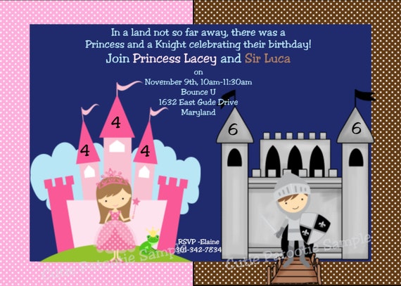 Princess Knight Birthday Invitation - Printable or Printed Princess Knight Birthday Invite - Boy and Girl Twins or Siblings Il_570xn