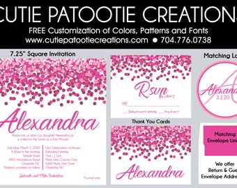 Pink Confetti Bat Mitzvah Invitation Set – Matching RSVP, Thank You Notes