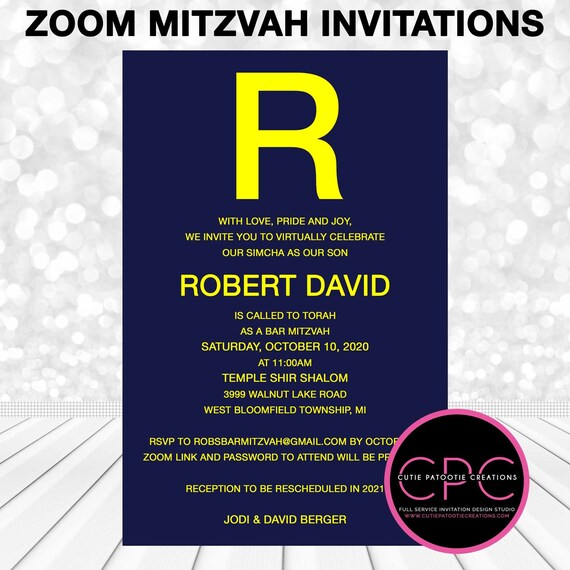 Zoom Mitzvah Invitations, Zoom Bar Mitzvah Invitation, Zoom Bat Mitzvah Invitation, Digital PDF or Printed by Us, Navy Blue and Maize Yellow Il_570xn