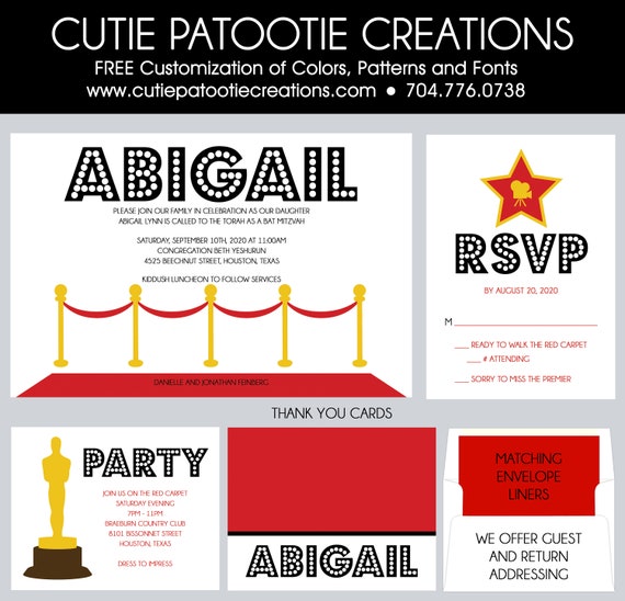 Hollywood Red Carpet Bat Mitzvah Invitations - RSVP Cards - Thank You Notes - Envelope Addressing - Save the Date Card Il_570xn