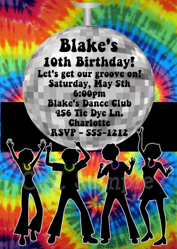 Tie Dye 70's Disco Dance Party Birthday Invitation - Printable or Printed - 80's 90's Disco Ball Birthday Invitations - Personalized Il_570xn