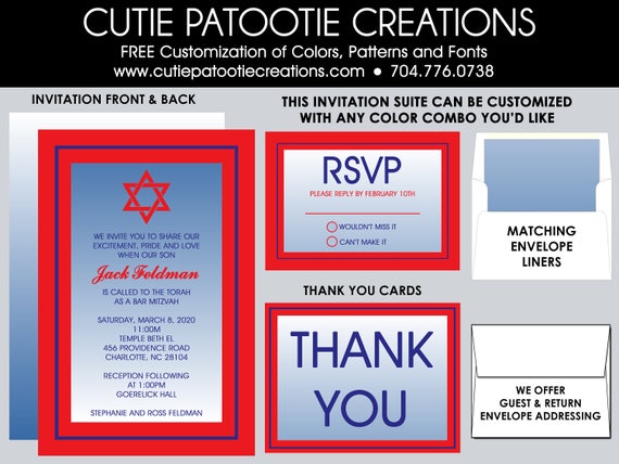 Bar Mitzvah Invitation - Red Blue Jewish Star - Envelope Addressing, Reply Card, Save the Date, Thank You Notes, Custom Colors Available Il_570xn
