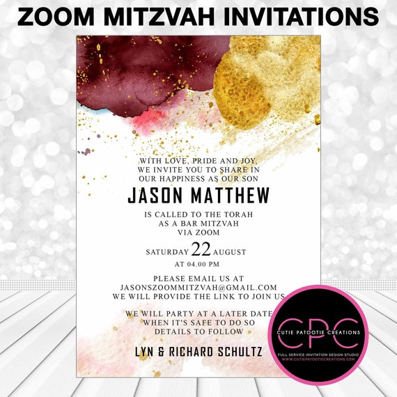 Zoom Bar Mitzvah Invitations, Maroon Burgundy and Yellow Watercolor Zoom Mitzvah Service Invitation, DIGITAL PDF FILE or Printed by Us Il_570xn