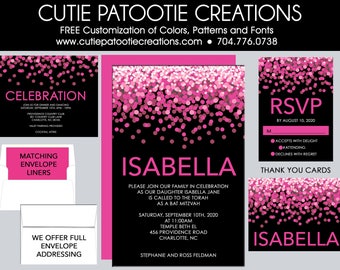 Pink Confetti Bat Mitzvah Invitations | Custom Colors