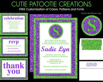 Bat Mitzvah Invitations Lime Green and Purple - Sweet 16 Invitation - Quinceanera Invitations - Wedding Invitations - Use for ANY EVENT