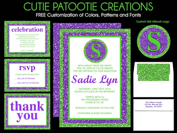 Bat Mitzvah Invitations Lime Green and Purple - Sweet 16 Invitation - Quinceanera Invitations - Wedding Invitations - Use for ANY EVENT Il_570xn