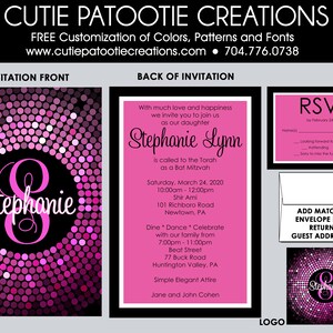 Bat Mitzvah Invitations Hot Pink Black White Confetti Bat Mitzvah Invitation RSVP Cards, Thank You, Envelope Addressing Custom Colors image 1