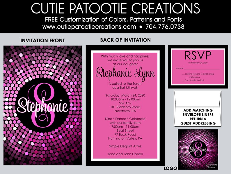 Bat Mitzvah Invitations Hot Pink Black White Confetti Bat Mitzvah Invitation RSVP Cards, Thank You, Envelope Addressing Custom Colors image 1