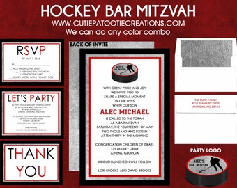 Ice Hockey Bar Mitzvah Invitation - Black Red Silver - RSVP Card - Thank You Note - Information Card - Envelope Addressing