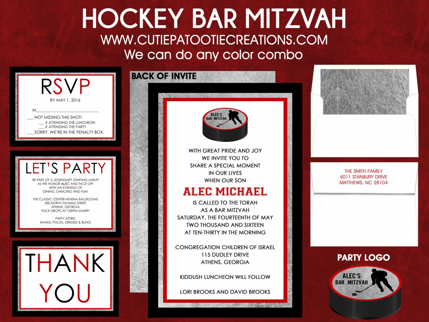Ice Hockey Bar Mitzvah Invitacion Plata Roja Negra Tarjeta Etsy Espana