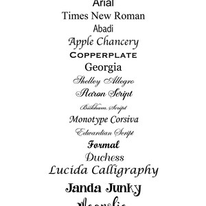May include: A list of suggested font choices for a design project. The fonts are listed in a column down the center of the image. The fonts include: Champagne & Limos, New Boston, Avenir Next, Century Gothic, Arial, Times New Roman, Abadi, Apple Chancery, COPPERPLATE, Georgia, Shelley Allegro, Aaron Script, Bickham. Script, Monotype Corsiva, Edwardian Script, Formal, Duchess, Lucida Calligraphy, Janda Junky, Magnolia, Lavenderia, KG Love you Through, BEBES, Sanda Elegant.