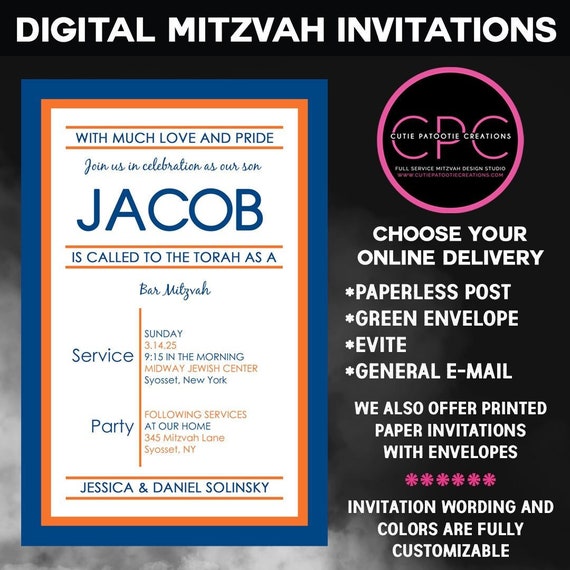 Navy Blue and Orange Digital Bar Mitzvah Invitation Il_570xn