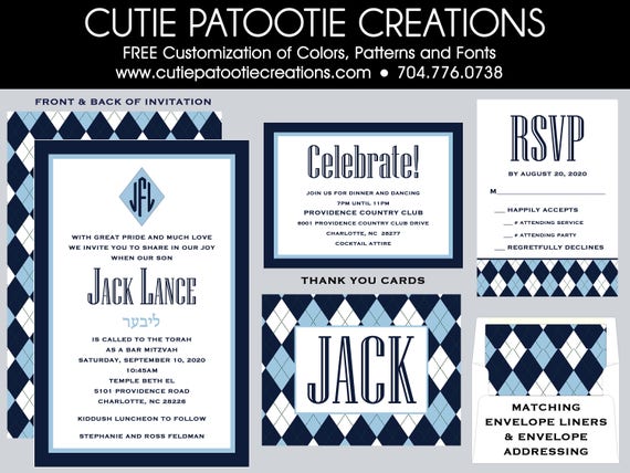 Preppy Argyle Bar Mitzvah Invitations - RSVP Card - Party Card - Thank You Card - Envelope Addressing - Custom Colors Available Il_570xn