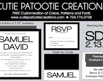 Bar Mitzvah Invitations - RSVP Card - Thank You Notes - Save the Date - Mitzvah Logo - Envelope Addressing - Envelope Liner