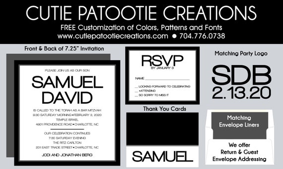 Bar Mitzvah Invitations - RSVP Card - Thank You Notes - Save the Date - Mitzvah Logo - Envelope Addressing - Envelope Liner Il_570xn