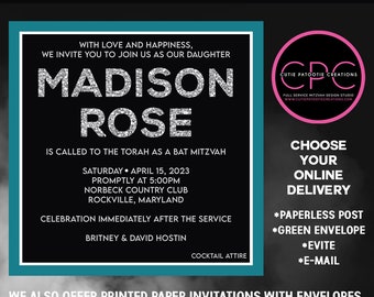 Teal and Silver Glitter Digital Bat Mitzvah Invitations - Add Made to Made Printed Thank You Cards
