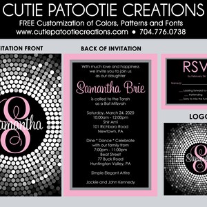 Bat Mitzvah Invitations Hot Pink Black White Confetti Bat Mitzvah Invitation RSVP Cards, Thank You, Envelope Addressing Custom Colors image 6