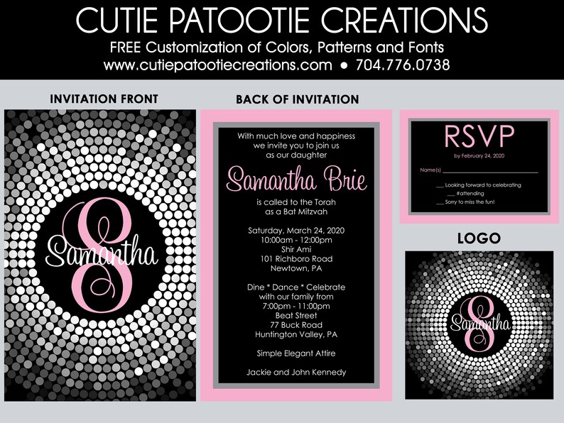 Bat Mitzvah Invitations Hot Pink Black White Confetti Bat Mitzvah Invitation RSVP Cards, Thank You, Envelope Addressing Custom Colors image 6