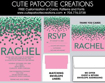 Bat Mitzvah Invitations | Pink and Green Confetti Bat Mitzvah Invitations | Envelope Addressing | Custom Colors Available