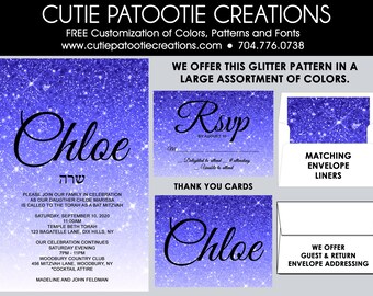 Bat Mitzvah Invitations - Bat Mitzvah Invitation - Blue Ombre FAUX Glitter - Add Matching RSVP Cards, Thank You, Custom Colors Available