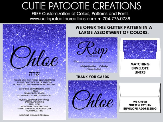 Bat Mitzvah Invitations - Bat Mitzvah Invitation - Blue Ombre FAUX Glitter - Add Matching RSVP Cards, Thank You, Custom Colors Available Il_570xn