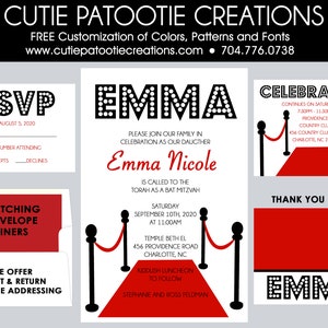 Hollywood Bat Mitzvah Invitation - Red Carpet Event - Rsvp Reply Card - Thank You Note Cards - Envelope Addressing - USE FOR ANY Event