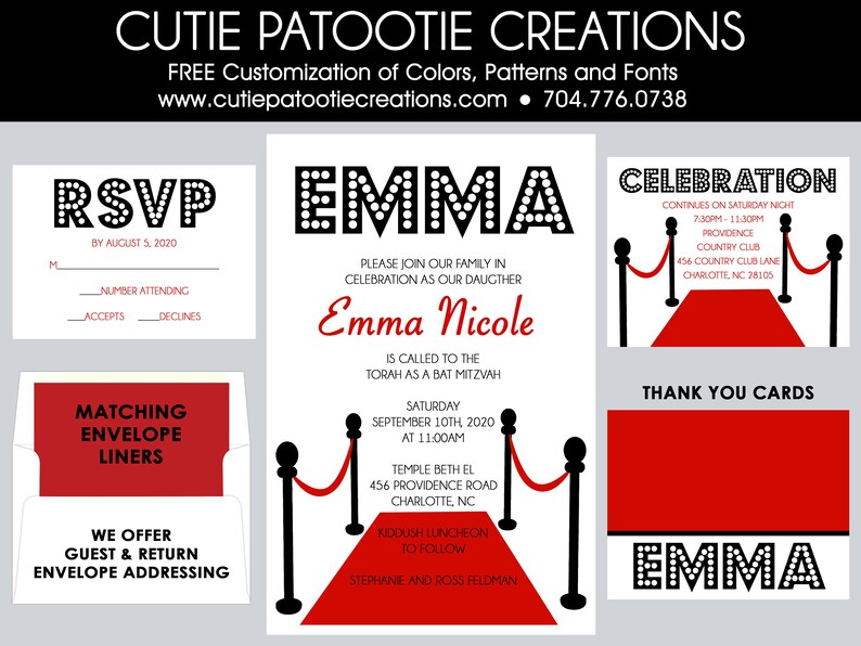 Hollywood Bat Mitzvah Invitation Red Carpet Event Rsvp Reply Card Thank You Note Cards Envelope Addressing USE FOR ANY Event image 1