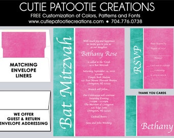 Pink and Teal Bat Mitzvah Invitations | Custom Colors
