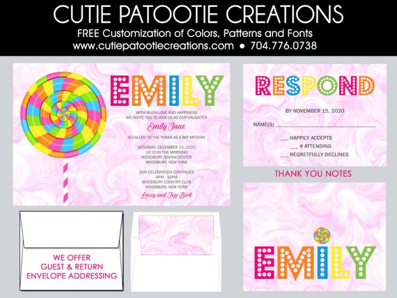 Candy Bat Mitzvah Invitations - Candy Themed Bat Mitzvah Invitation - RSVP Cards, Thank You, Envelope Addressing - Custom Colors Il_570xn