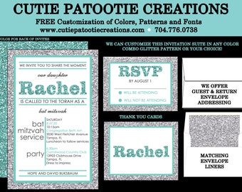 Aqua Teal Blue and Silver Glitter PATTERN Bat Mitzvah Invitation - Save the Date Card - RSVP Card - Thank You Note - Envelope Addressing