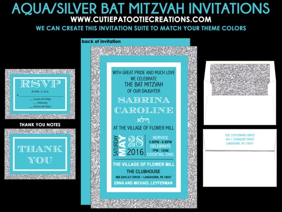 Bat Mitzvah Invitation | Aqua Blue and Silver Bat Mitzvah Invitations Il_570xn