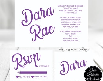 Bat Mitzvah Invitations - Purple and White - Custom Colors Available