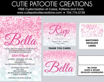 Pink Ombre Bat Mitzvah Invitations | Pink Confetti Bat Mitzvah Invitation