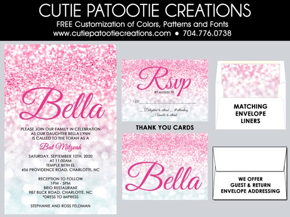 Pink Ombre Bat Mitzvah Invitations | Pink Confetti Bat Mitzvah Invitation Il_570xn