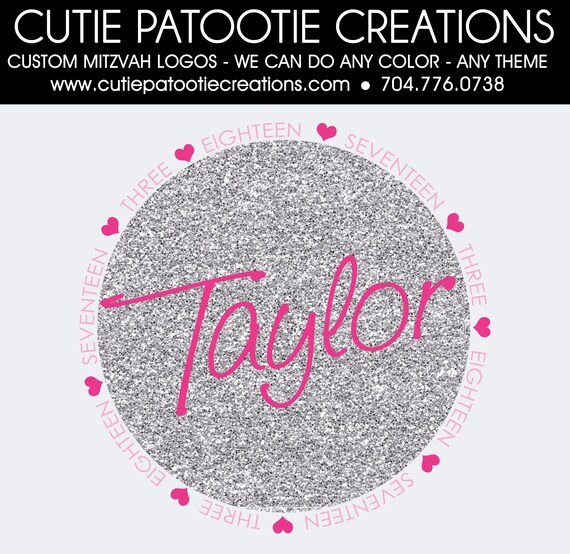 Bat Mitzvah Logo in Silver and Pink Glitter with Hearts - Custom Colors Available Il_570xn