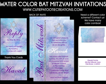 Watercolor Bat Mitzvah Invitation - Turquoise Blue and Purple - RSVP Reply Card - Thank You Notes - Guest & Return Addressing Available