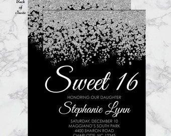 Sweet 16 Birthday Invitations - Quinceanera Invitation - Black and Silver Sparkle Glitter Pattern - Guest & Return Addressing Available