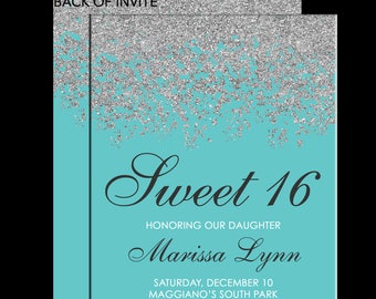 Sweet 16 Birthday Invitations - Quinceanera Invitation - Teal Aqua Blue Silver Sparkle Glitter Pattern - Guest & Return Addressing Available