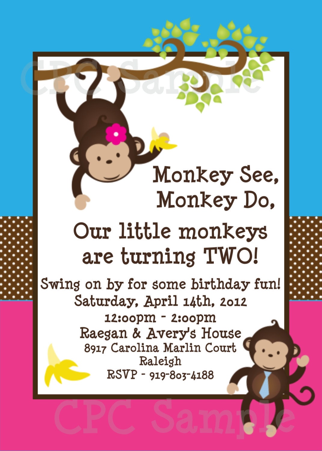 Twins Monkey Birthday Invitations Printable Party Invite Etsy